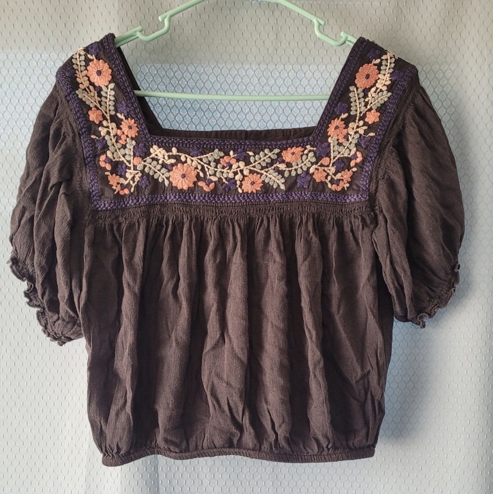 American Eagle Outfitters Embroidered Crop Peasant Sz S - Picture 2 of 6